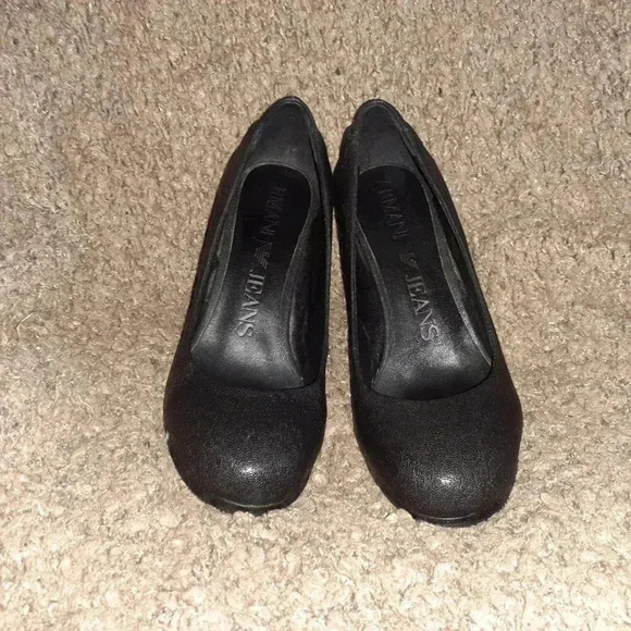 ARMANI JEANS-Black Textured Leather Pumps-Block Heel-Sz 35-Excellent - Picture 3 of 7